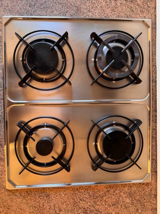 Horno + encimera a gas 4 fuego acero inox.