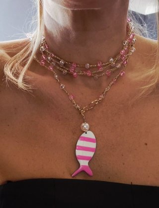 Collana uncinetto oro e cristalli rosa
