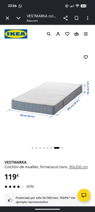 Colchón IKEA VESTMARKA 90x200 cm