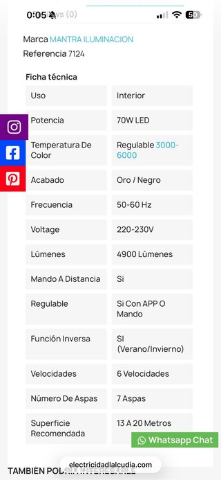 Ventilador de Techo Mantra Negro y Dorado
