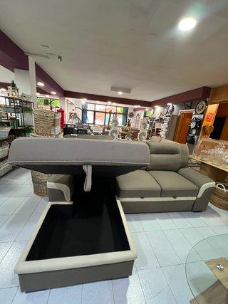 Sofá Cama Gris con Chaise Longue y Arcón