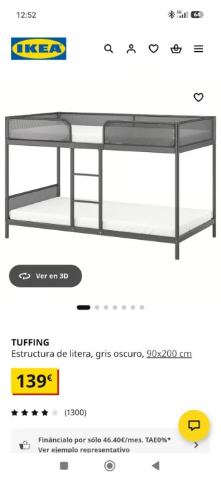Litera TUFFING IKEA gris oscuro 90x200
