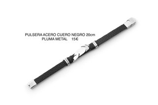 Pulsera Acero Cuero Negro Pluma Metal 20cm