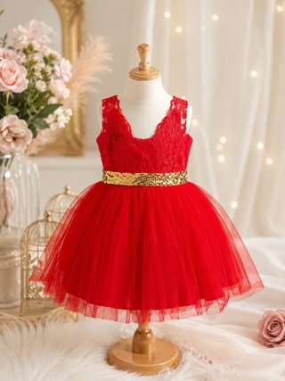 Vestido fiesta bebé niña rojo dorado