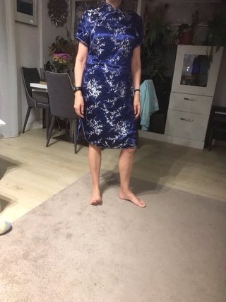 Vestido Qipao Chino Azul Flores Blancas , plareada