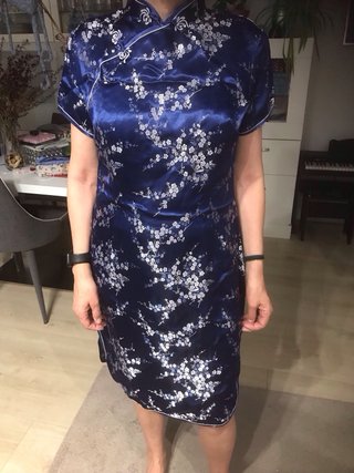 Vestido Qipao Chino Azul Flores Blancas , plareada