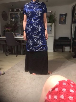 Vestido Qipao Chino Azul Flores Blancas , plareada