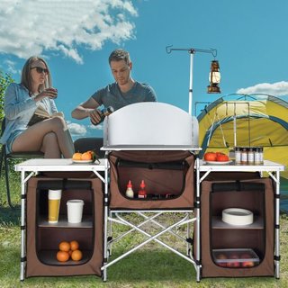 Mesa de Cocina para Camping, Mesa de Cocina Plegable para Exterior con Bolsa de Almacenamiento, Estación de Cocina de Aluminio con 3 Armarios y Paraviento Desmontable, Montaje Rápido para Picnics,...