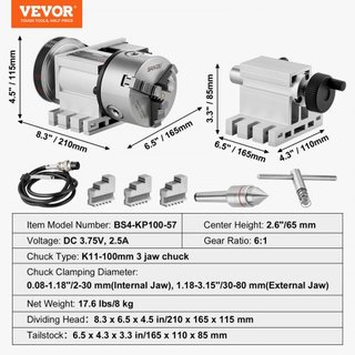 Cabezal Divisor, Chuck de 3 Mordazas K11-100mm, Eje Rotacional de Máquina Fresadora CNC, Eje 4ta A, Cabezal de Indexación, Altura del Centro de 66 mm(2.6")/65 mm, Mandril MT2, Relación de Engranaj...
