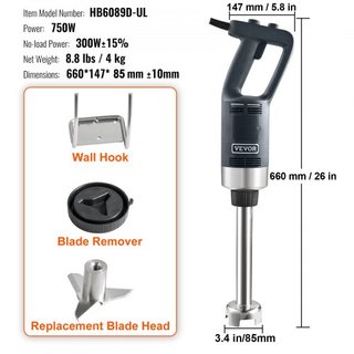 Mezclador de Inmersión Comercial, Batidora de Mano Pesada de 750 Vatios, Mezclador de Variedad de Velocidades con Cuchilla de Acero Inoxidable 304, Mezclador Portátil Multiusos para Sopa, Batido, ...