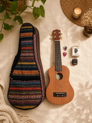 Ukelele con funda y accesorios