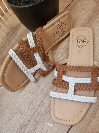 Sandalias TOP3 SHOES cuero trenzado marrón y blanc