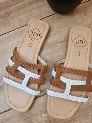 Sandalias TOP3 SHOES cuero trenzado marrón y blanc