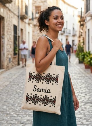 Bolso de tela beige con estampado