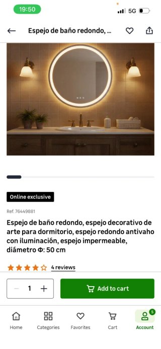 Espejo Redondo Baño Antivaho Iluminado 50cm