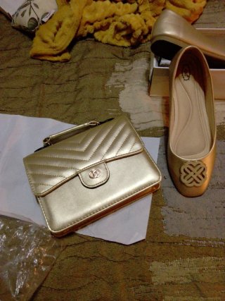 Bolso y zapatos dorados