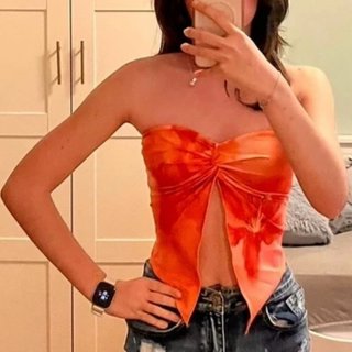Top naranja floral sin tirantes