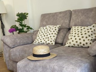 Sofá Chaise Lounge tela beige/gris
