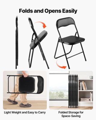 Set di 6 Sedie Pieghevoli in Pelle in Metallo Nero