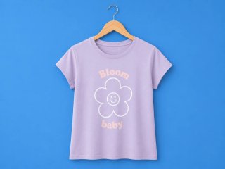 Camiseta morada con estampado de flor sonriente