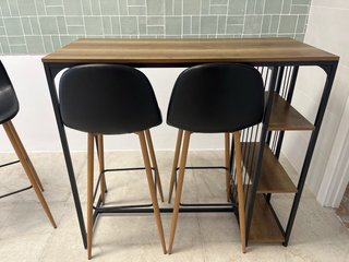Mesa alta tipo barra con estantería y banquetas