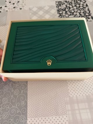 Caja original de reloj Rolex verde y beige