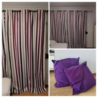 Conjunto cortinas y cojín rayas morado