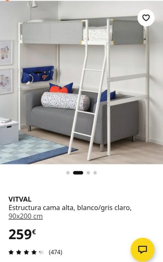 Cama alta IKEA VITVAL gris y blanca