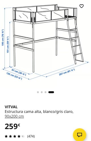 Cama alta IKEA VITVAL gris y blanca