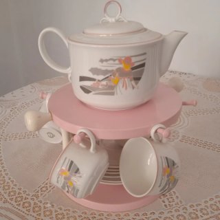 Juego de té porcelana rosa y blanco