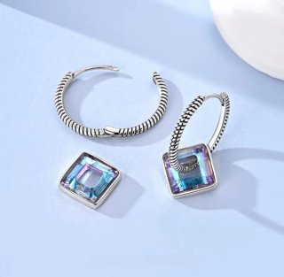 Pendientes Aro Plata con Colgante Cuadrado