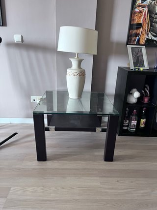 Mesa de centro cristal y madera wengué