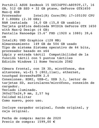 Portátil ASUS ZenBook 15 UX534FTC-A8093T,i7, 16 GB