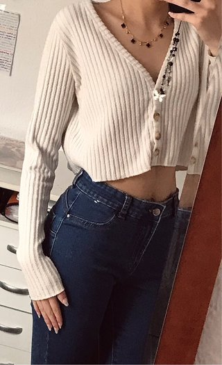 Top manga larga beige/blanco talla única
