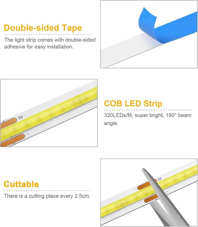 6 Tiras 1 metro LED COB USB 5V con Mando