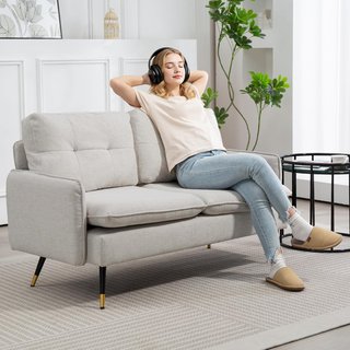 Divano 2 Posti Tessuto Effetto Lino Beige