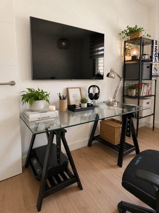 Escritorio Mesa Cristal Negro Metal Madera