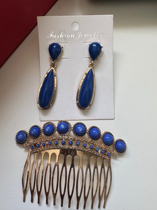 Conjunto Pendientes y Peinecillo Azul Dorado