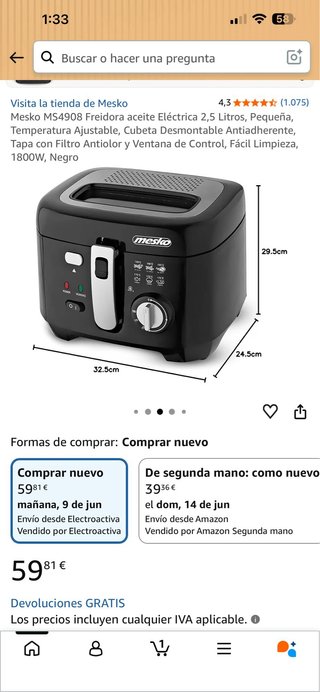 Freidora Eléctrica Mesko MS4908 2,5L Negra