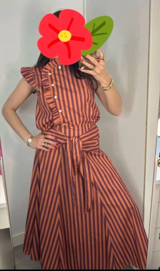 Conjunto Falda y Blusa Rayas Naranja y Morado