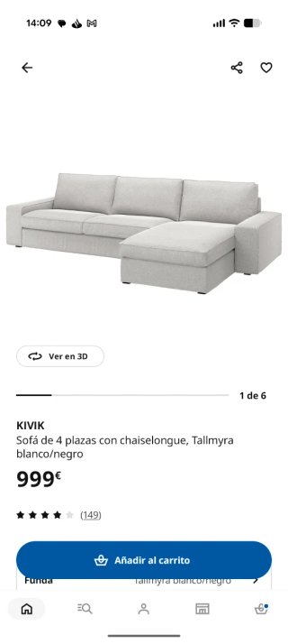 Sofá KIVIK con chaiselongue Ikea gris. 4 plazas