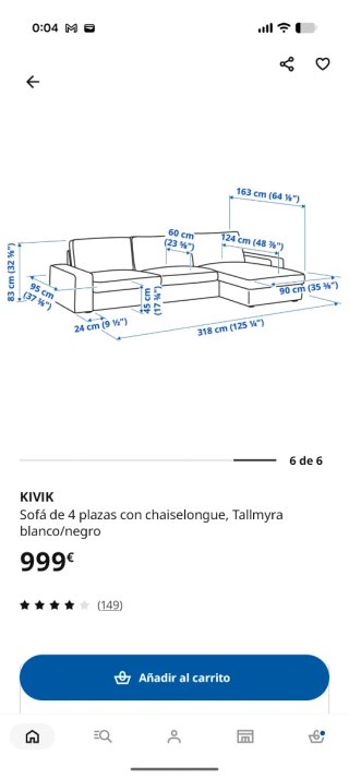 Sofá KIVIK con chaiselongue Ikea gris. 4 plazas