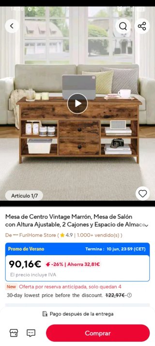 Mesa de centro elevable madera y metal
