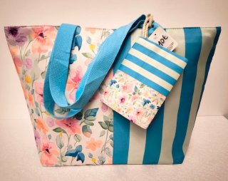 Bolso de playa rayas y flores azul