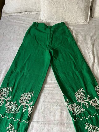Pantalón Zara Lino Verde Talla S Bordado