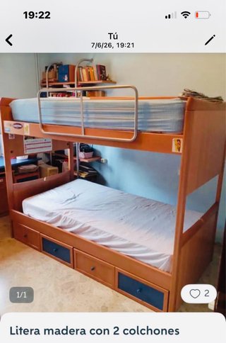 Litera madera 90x190 con 2 colchones