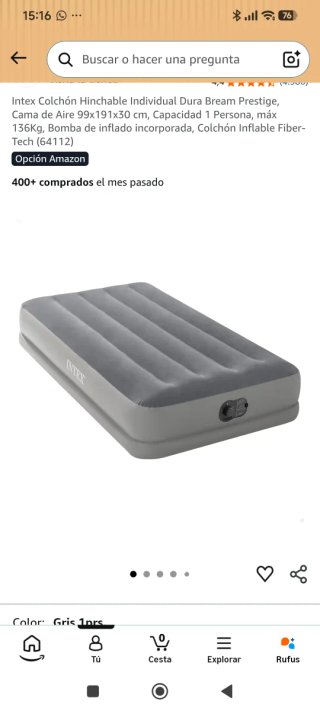 Colchón Hinchable Intex Individual Gris