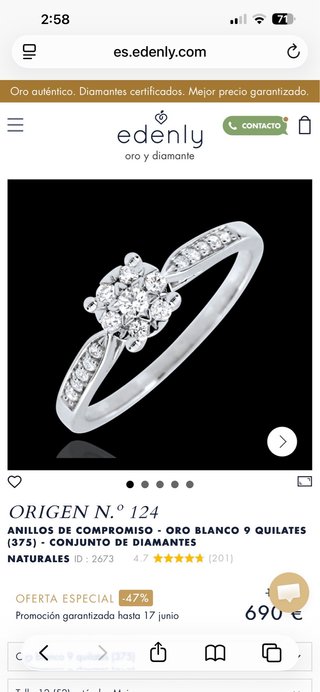 Anillo Oro Blanco Diamantes Edenly Talla 65