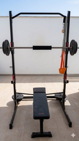 Attrezzatura palestra con rack, panca, dischi e manubri C/t