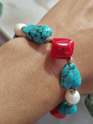 Pulsera Turquesa Coral Perlas Cuero